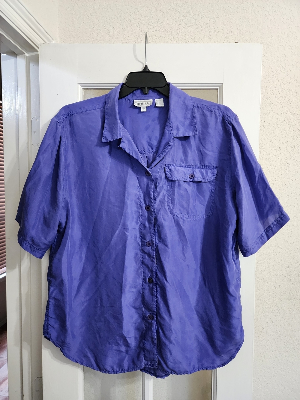 Christie & Jill 100% Silk Button Front Blouse Royal Blue XL Vintage 90s